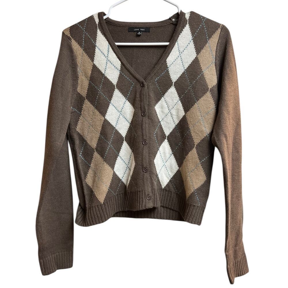 Love Tree Argyle Pattern V-Neck Button-Up Cardigan Sweater Medium Brown Tones